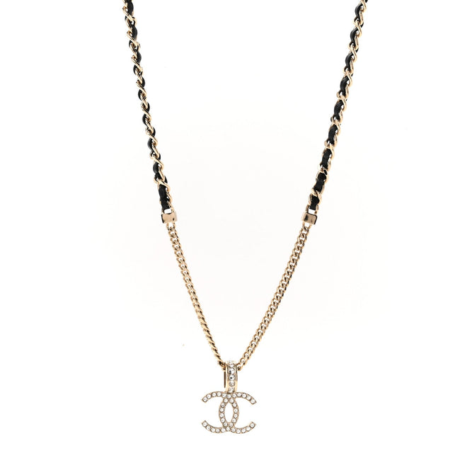 Lambskin Crystal CC Chain Pendant Necklace Black Gold Hover Image