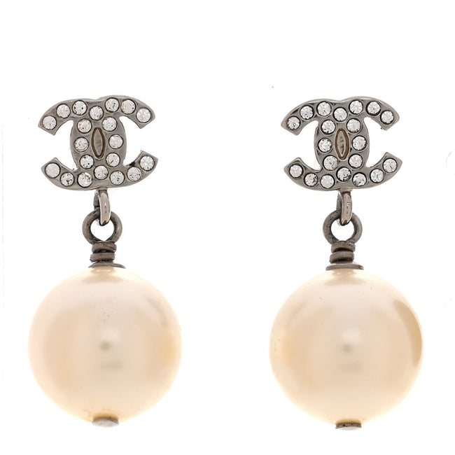 Crystal Pearl CC Drop Earrings Silver Hover Image