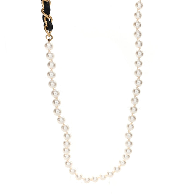 Calfskin Pearl Chain 90's Camellia Long Necklace Black Gold Hover Image