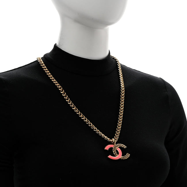 Metal Enamel Quilted CC Chain Necklace Pendant Gold Pink Main Image