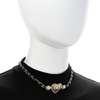Metal Lambskin Glass Pearl Strass Heart Choker Gold Black