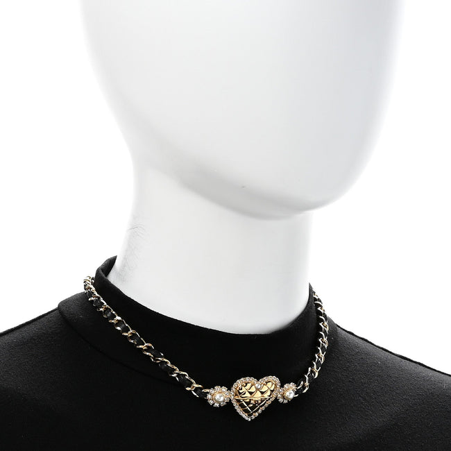 Metal Lambskin Glass Pearl Strass Heart Choker Gold Black Main Image
