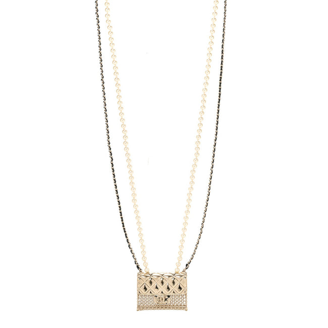 Metal Lambskin Pearl Chain Flap Bag Long Necklace Gold Black Pearly White Hover Image