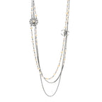 Glass Pearl Crystal CC Leaf Multi Strand Long Necklace Ruthenium