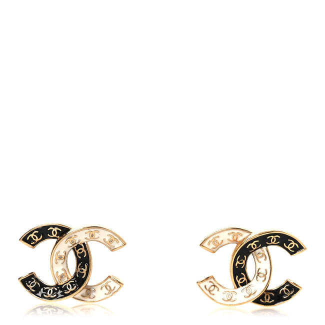 Enamel CC Logo Earrings Gold Black White Hover Image