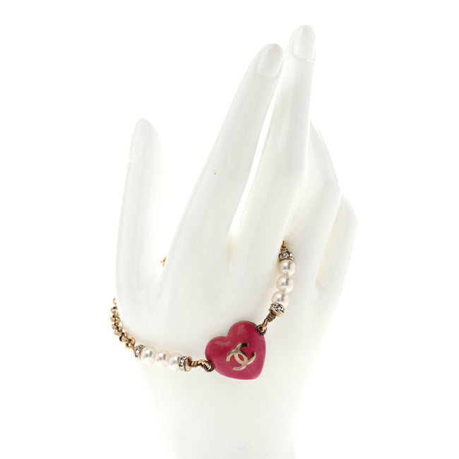 Resin Crystal Pearl Chain Heart CC Bracelet Pink White Gold Main Image