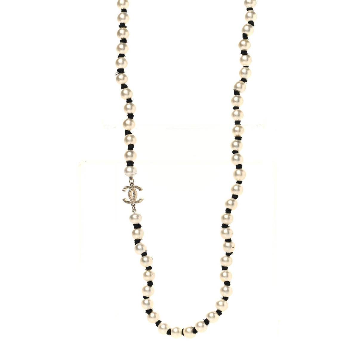 Pearl Grosgrain CC Long Necklace Gold