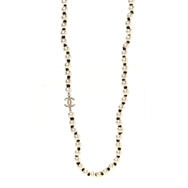 Pearl Grosgrain CC Long Necklace Gold Hover Image