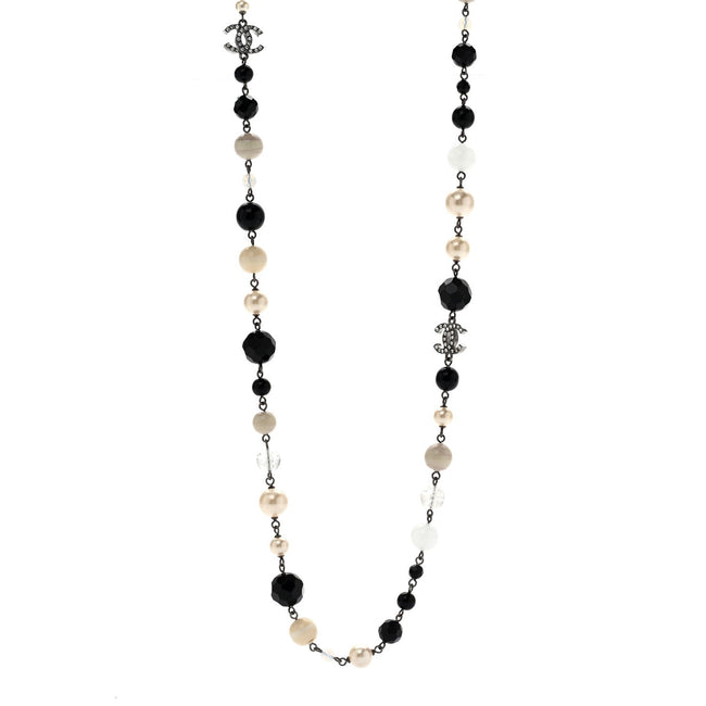Pearl Crystal Bead CC Long Necklace Black Silver Hover Image