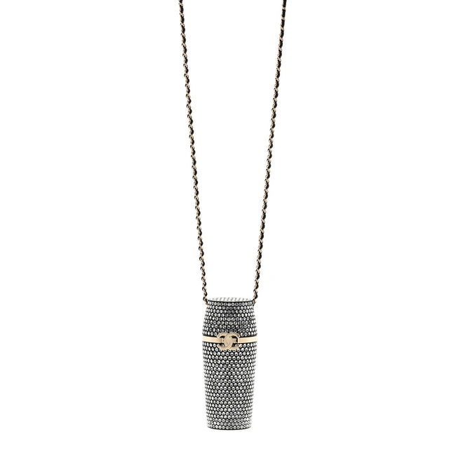 Metal Resin Lambskin Crystal Lipstick Case Long Necklace On Chain Silver Black Gold Hover Image