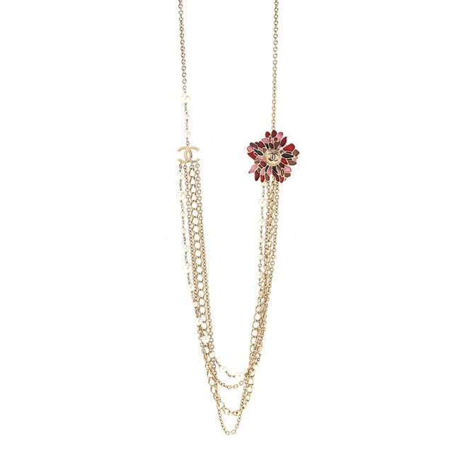 Resin Pearl Metal CC Camellia Multi Strand Long Necklace Gold Pink Multicolor Hover Image