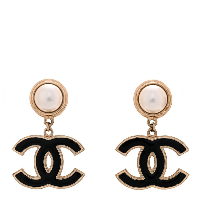 Pearl Enamel CC Drop Earrings Black Hover Image