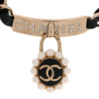 Crystal Pearl Lambskin CC Chain Choker Gold Black Pearly White