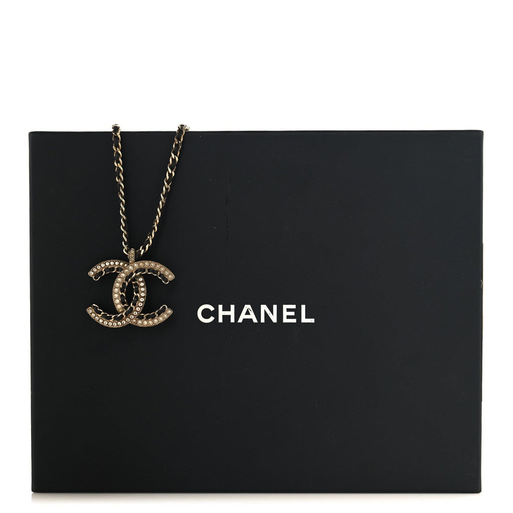 Metal Pearl Crystal Lambskin CC Chain Necklace Gold Black White