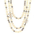 Pearl CC Multi Strand Long Necklace Silver Pearly White Grey