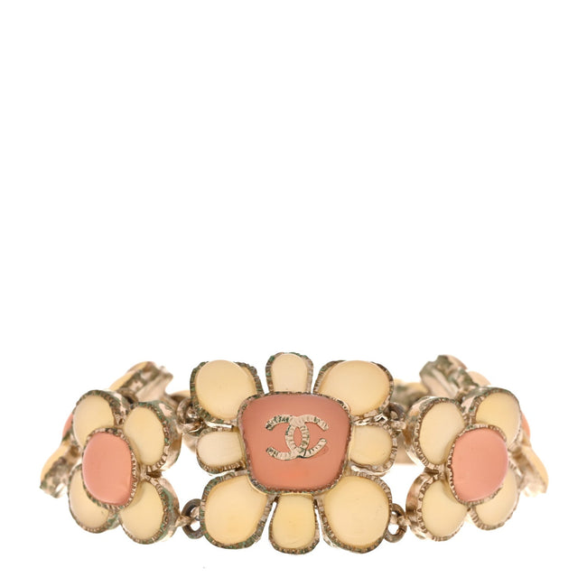 Resin Gripoix Poured Glass CC Flower Bracelet Pink White Gold Hover Image