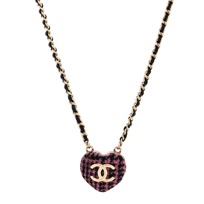 Lambskin Tweed CC Locket Pendant Necklace Black Pink Gold Hover Image