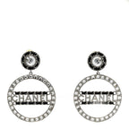 Crystal Lambskin Chain CC Hoop Clip On Earrings Black Silver