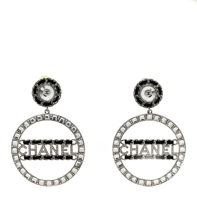 Crystal Lambskin Chain CC Hoop Clip On Earrings Black Silver Hover Image