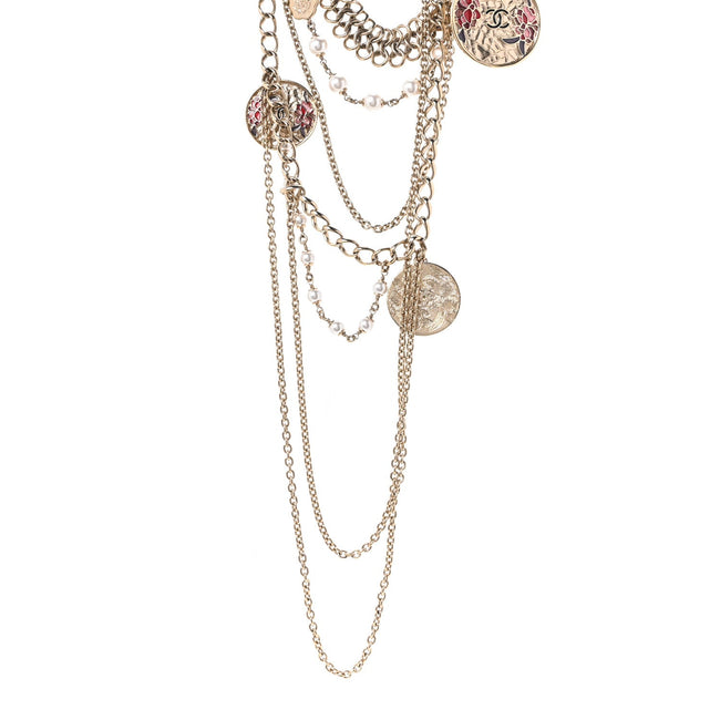Resin Pearl Metal CC Camellia Multi Strand Chain Necklace Pink Gold Hover Image