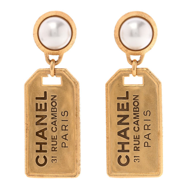 Pearl CC Tags Drop Earrings Gold Hover Image