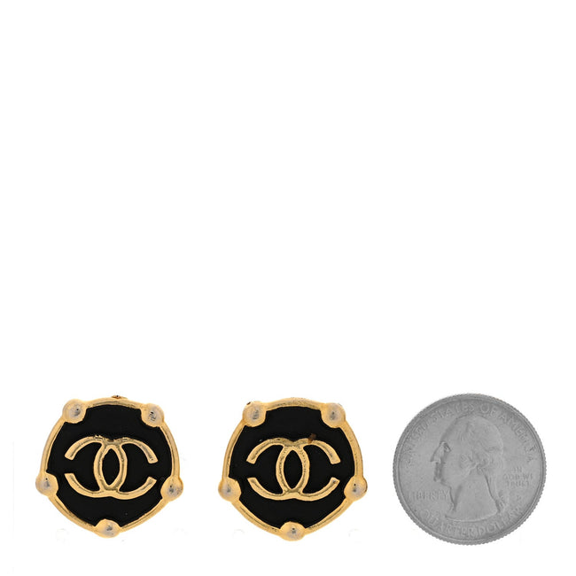 CC Round Clip On Earrings Black Gold Main Image