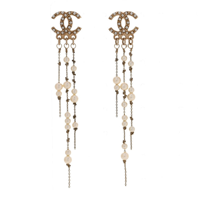 Pearl CC Long Chain Drop Earrings Gold Hover Image
