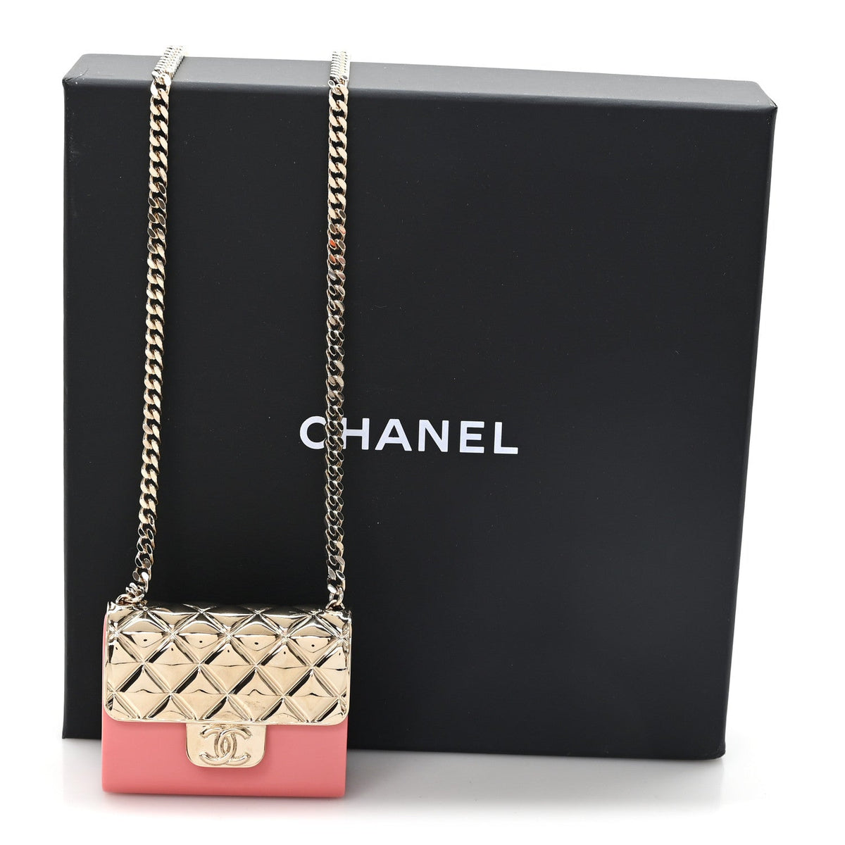 Metal Resin Flap Bag Long Necklace Gold Red