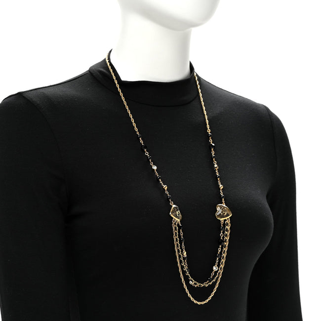 Crystal Beaded CC Heart Long Necklace Gold Black Main Image