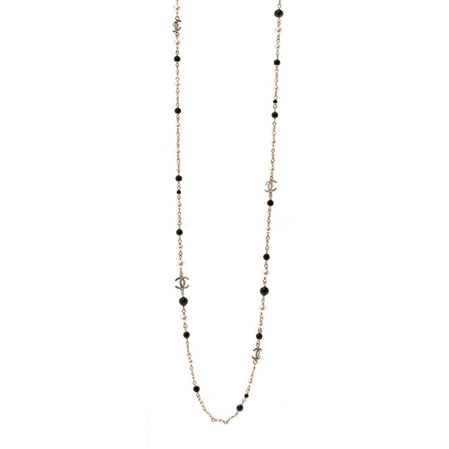 Pearl Bead Crystal CC Long Necklace Black Gold Hover Image