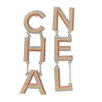 Metal Crystal Rainbow Cha-Nel Logo Drop Earrings Multicolor Gold