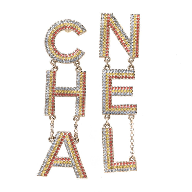 Metal Crystal Rainbow Cha-Nel Logo Drop Earrings Multicolor Gold Hover Image