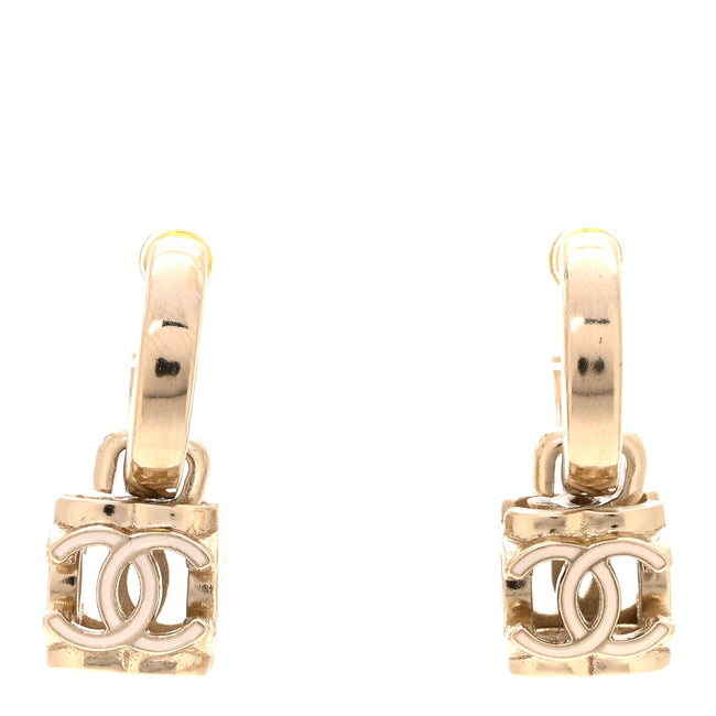 Enamel CC Cube Drop Earrings Gold White Hover Image