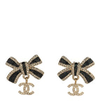 Crystal Glitter Bow Drop CC Earrings Gold Black