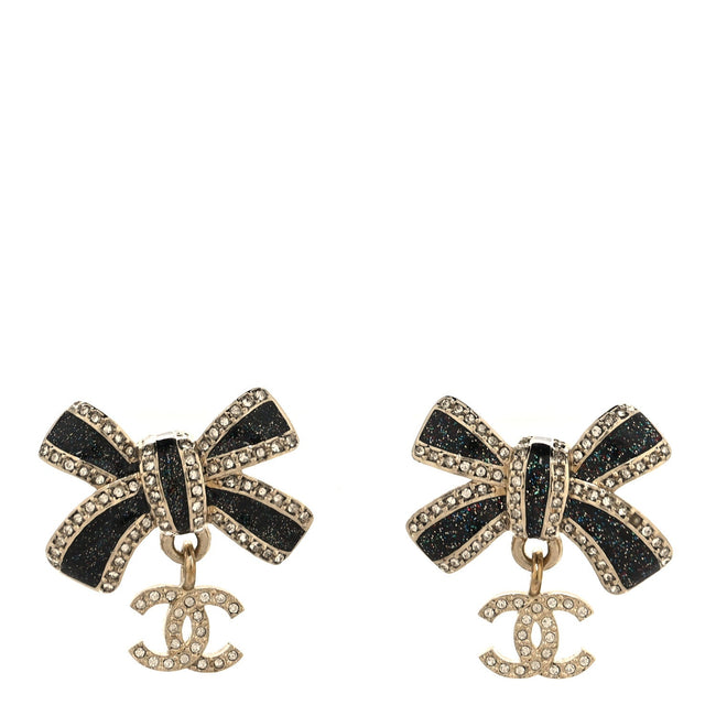 Crystal Glitter Bow Drop CC Earrings Gold Black Hover Image