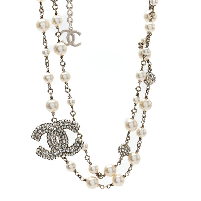 Graduated Pearl Crystal CC Long Necklace Gold Pearly White Hover Image