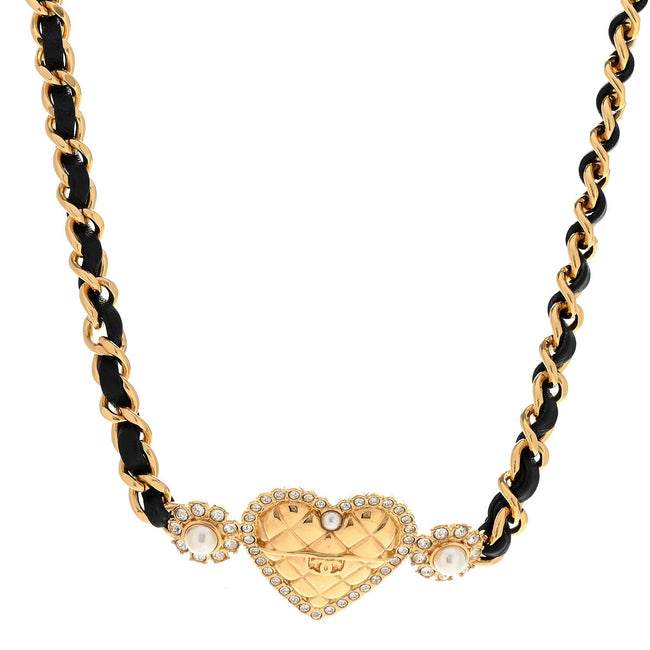 Metal Lambskin Glass Pearl Strass Heart Choker Gold Black Hover Image