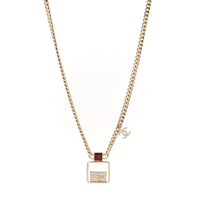 Metal Crystal Quilted Flap Bag Necklace Red Gold Hover Image