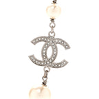 Graduated Pearl Crystal CC Long Necklace Silver