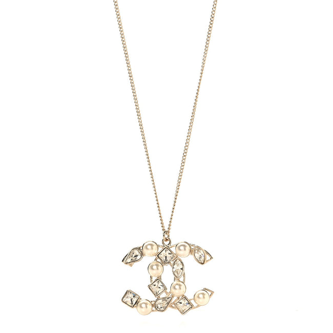 Crystal Pearl CC Pendant Necklace Gold Hover Image
