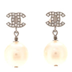 Crystal Pearl CC Drop Earrings Silver Pearly White
