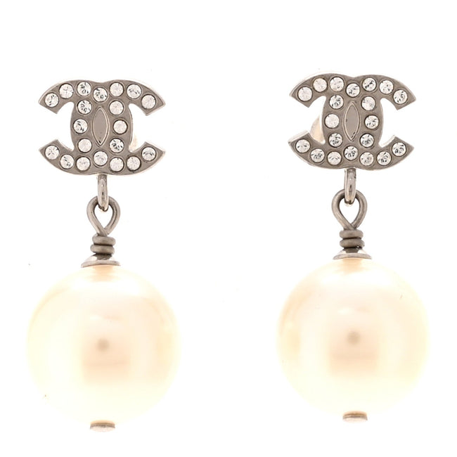 Crystal Pearl CC Drop Earrings Silver Pearly White Hover Image