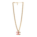 Metal Enamel Quilted CC Chain Necklace Pendant Gold Pink