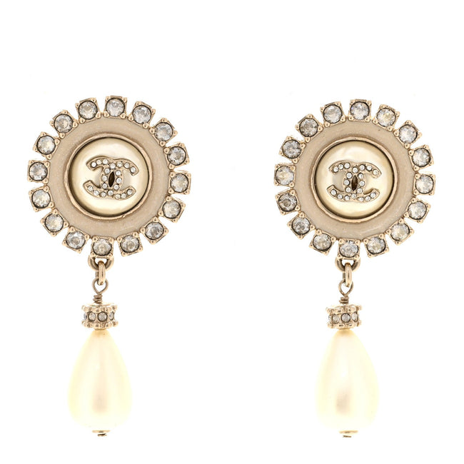 Crystal Pearl Enamel CC Drop Earrings Gold White Hover Image