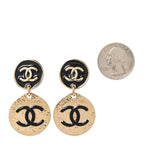 Enamel CC Disc Drop Earrings Gold Black