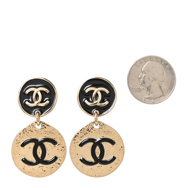 Enamel CC Disc Drop Earrings Gold Black Main Image