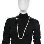 Calfskin Pearl Chain 90's Camellia Long Necklace Black Gold