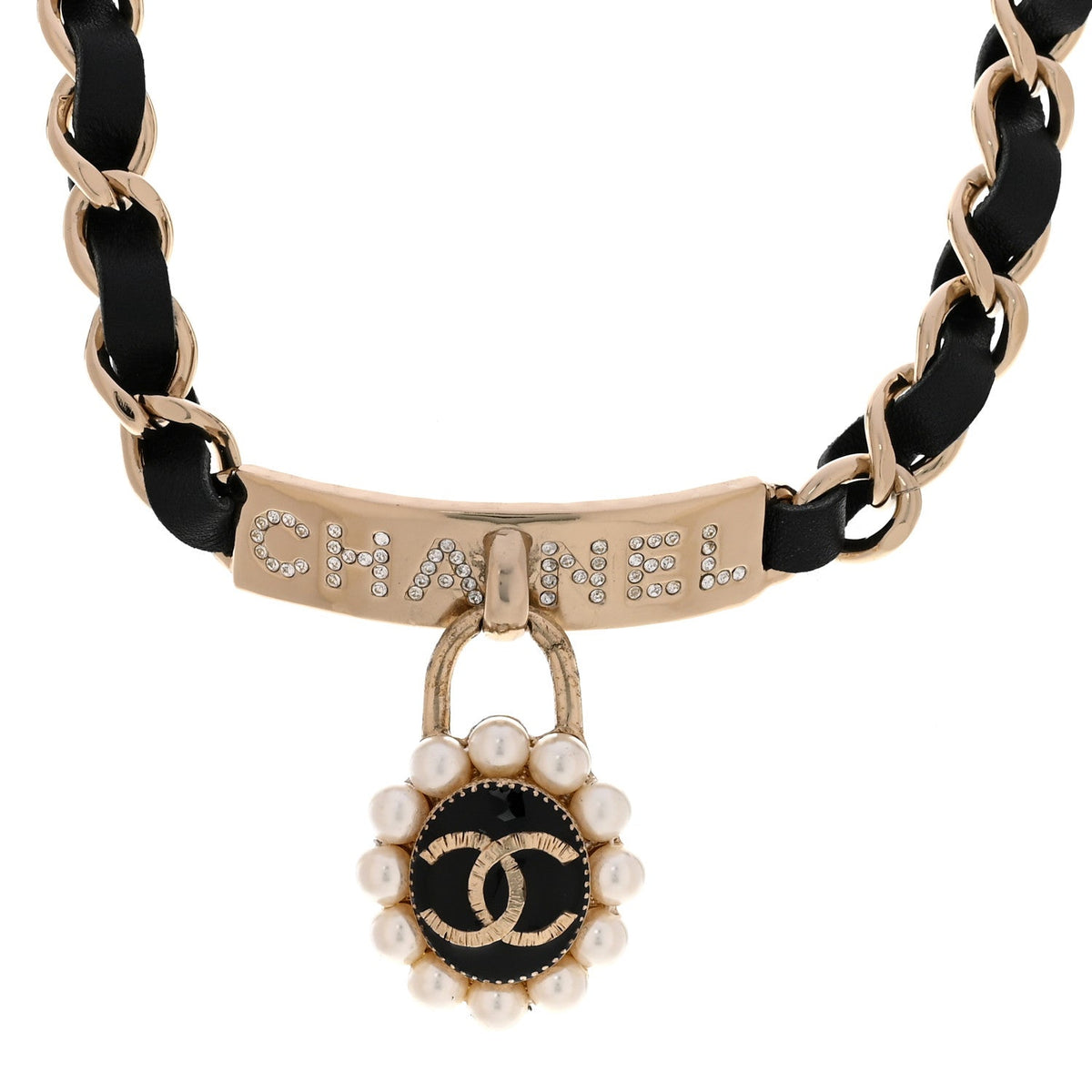 Crystal Pearl Lambskin CC Chain Choker Gold Black Pearly White