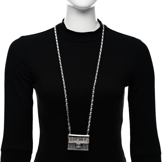 Metal Lambskin Strass Crystal Purse CC Long Necklace Silver Main Image