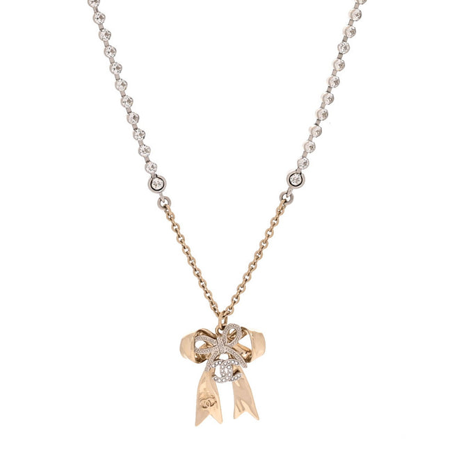 Crystal CC Bow Pendant Necklace Gold Silver Hover Image